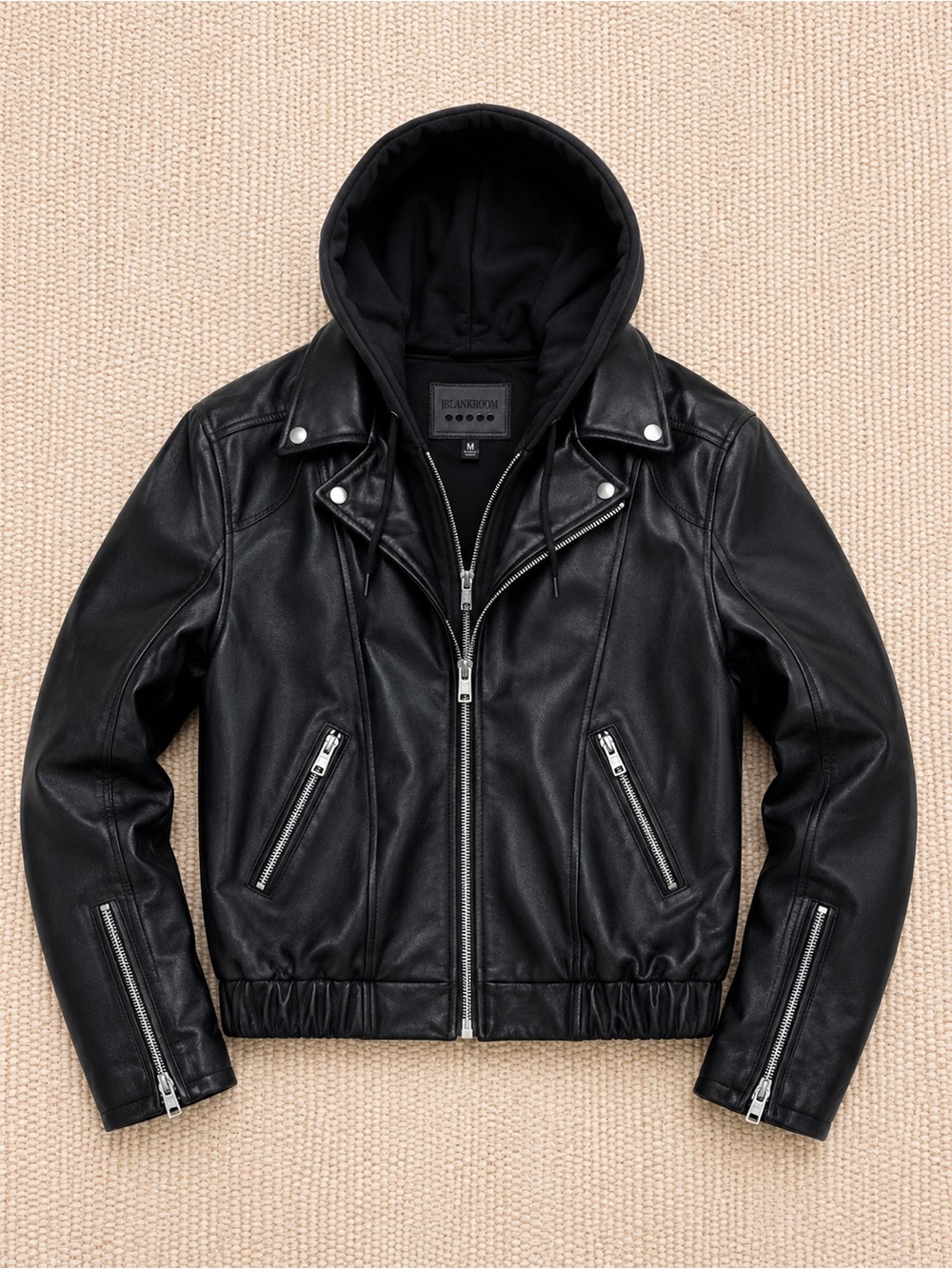 Black Leather Bomber Jacket with Hoodie